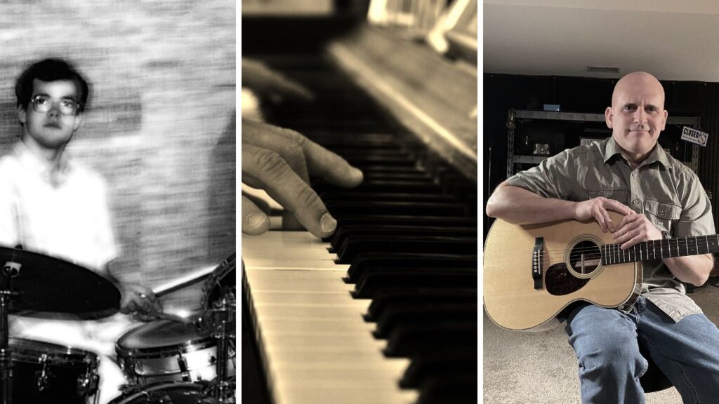 My brother and I at various times: My brother behind another friend’s set of drums back in the early 90’s in Spartanburg, SC; Me on our Wurlitzer piano in Sptbg, SC; Me in my basement would-be home studio in Missouri.