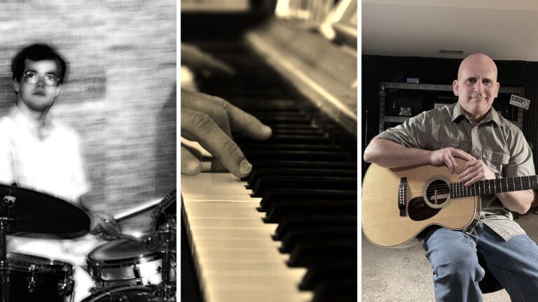 My brother and I at various times: My brother behind another friend’s set of drums back in the early 90’s in Spartanburg, SC; Me on our Wurlitzer piano in Sptbg, SC; Me in my basement would-be home studio in Missouri.